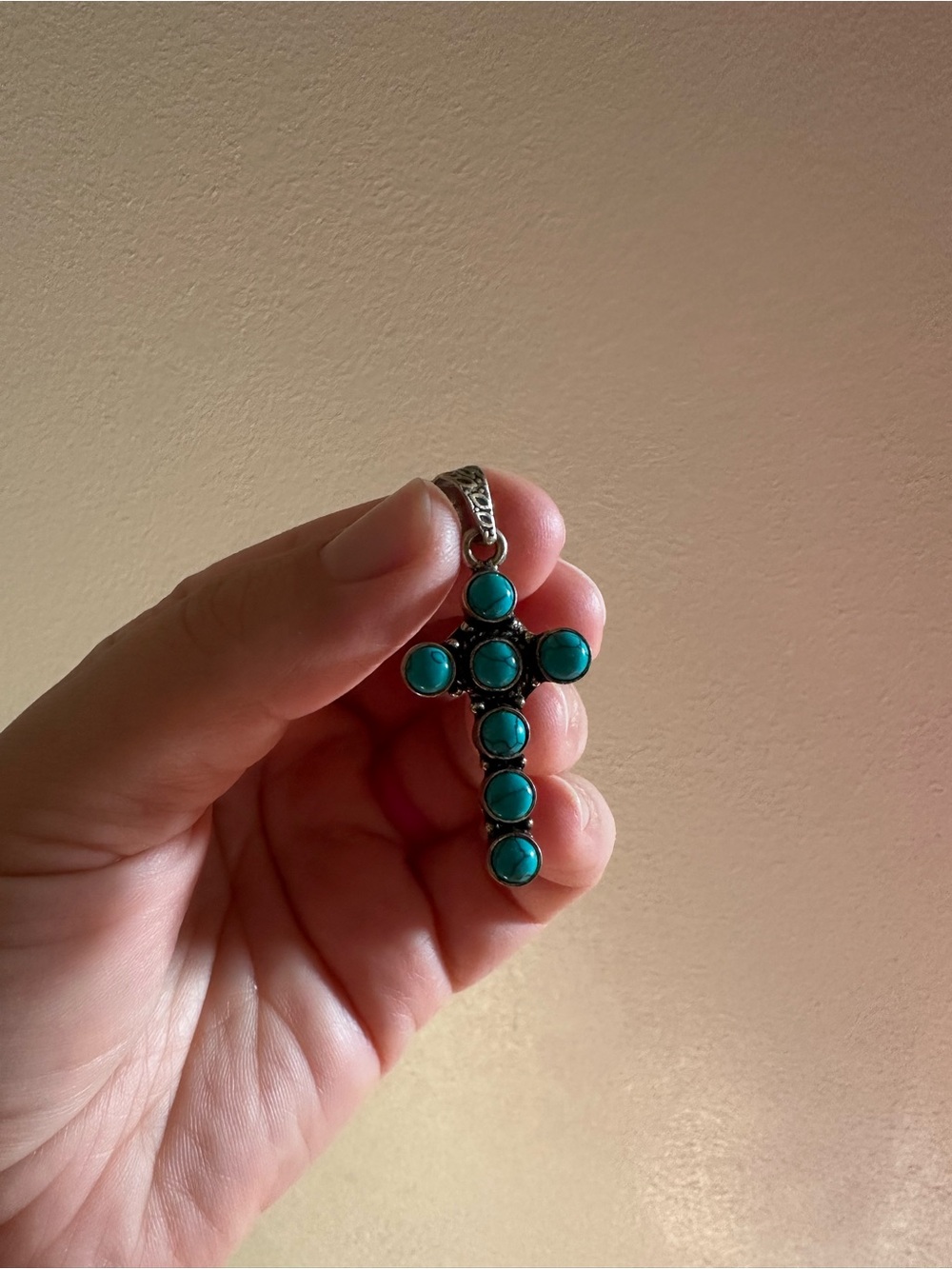 Turquoise Stone Cross Pendant - silver plated